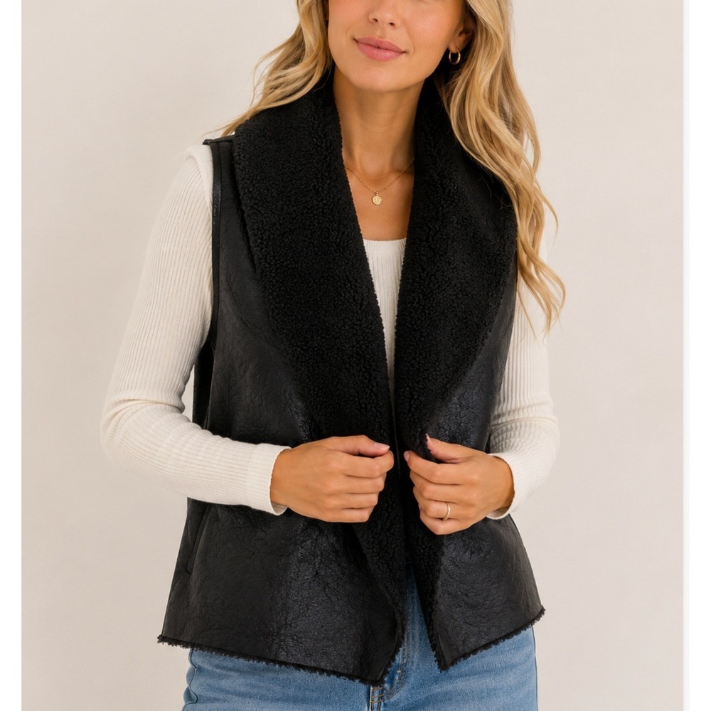Lauren Ralph Lauren Black Faux Leather Shearling Draped Open Front Vest Large